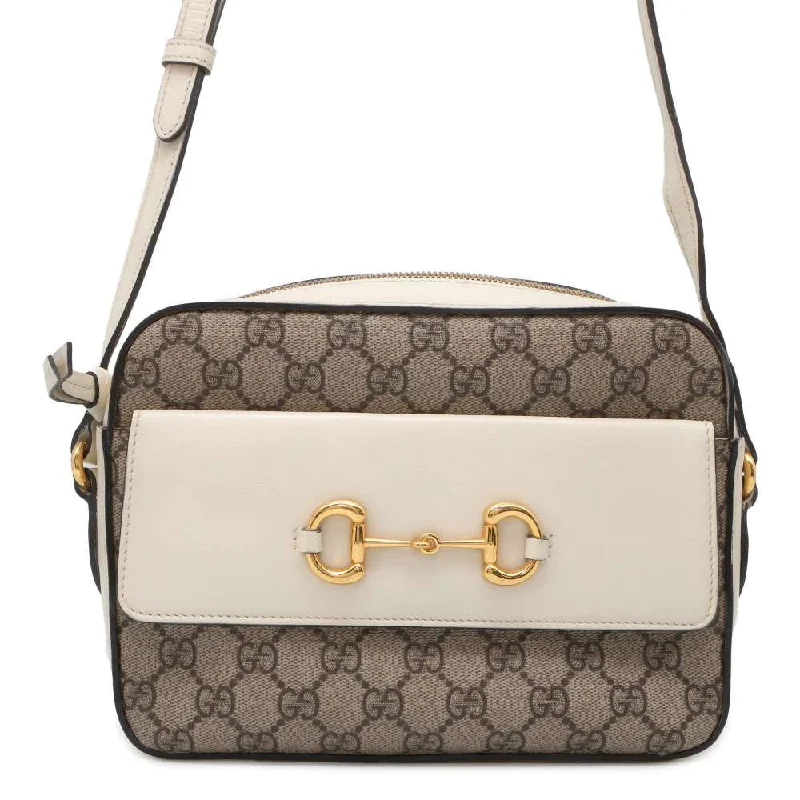 GUCCI GG Supreme Horsebit Shoulder Bag Beige/White 645454 PVC Leather Size Small