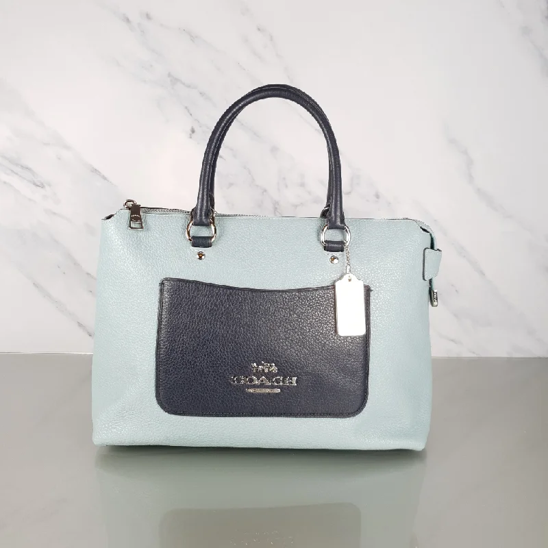 Coach Emma Satchel in Seafoam Blue with Navy Coloblock Pebble Leather - Coach F72856