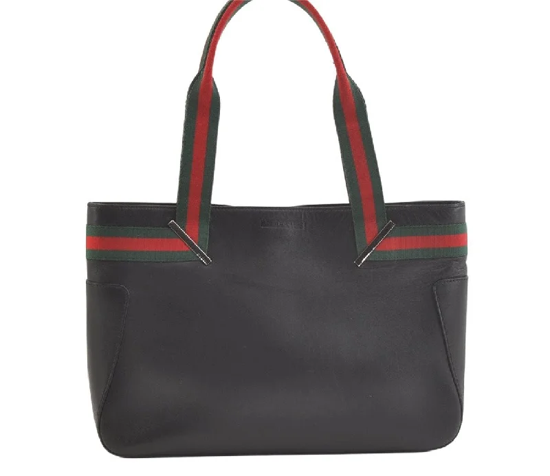 Authentic GUCCI Web Sherry Line Shoulder Tote Bag Leather Black 2275K