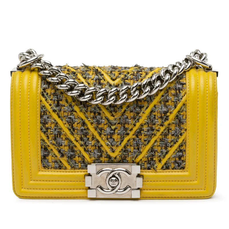 Yellow Chanel Small Tweed and Lambskin Chevron Boy Flap Crossbody Bag