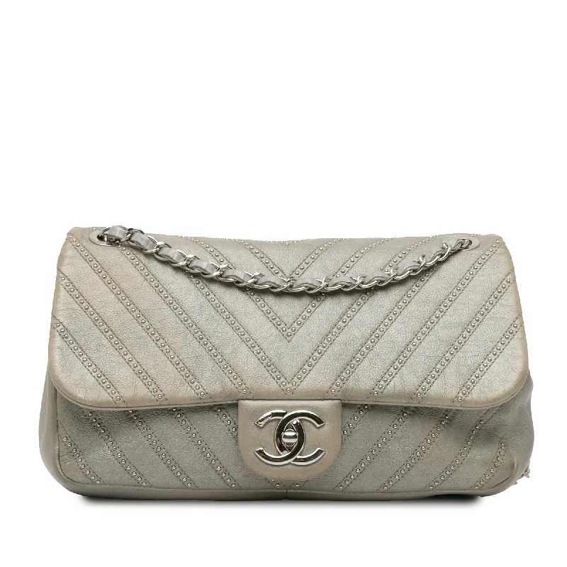 Silver Chanel Small Chevron Calfskin Stud Wars Flap Crossbody Bag