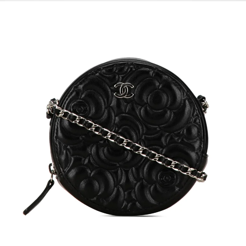 Black Chanel Goatskin Camellia Round Clutch with Chain Crossbody Bag