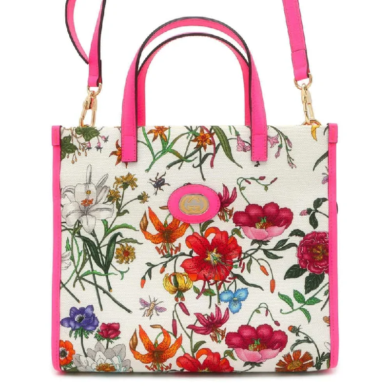 GUCCI Interlocking G Flora 2WAY Shoulder Bag White/Pink 550141 Canvas Leather