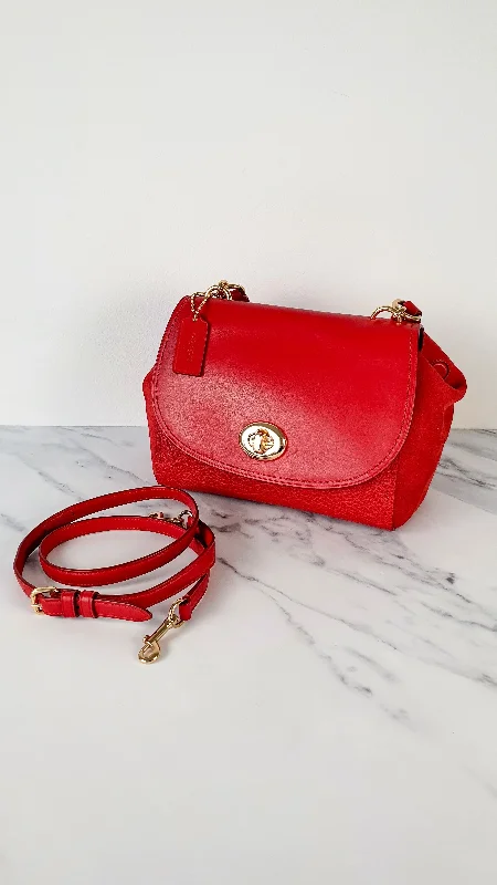 Coach Faye in Red Mixed Leather & Suede Flap Bag Turnlock Tophandle Crossbody