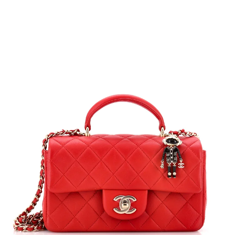 Classic Single Flap Top Handle Bag Quilted Lambskin with Lion Charm Mini