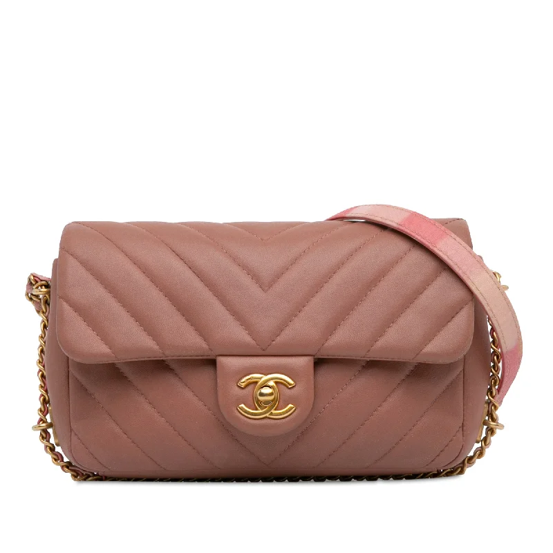 Pink Chanel Mini Rectangular Chevron Lambskin Chain Around Flap Crossbody Bag