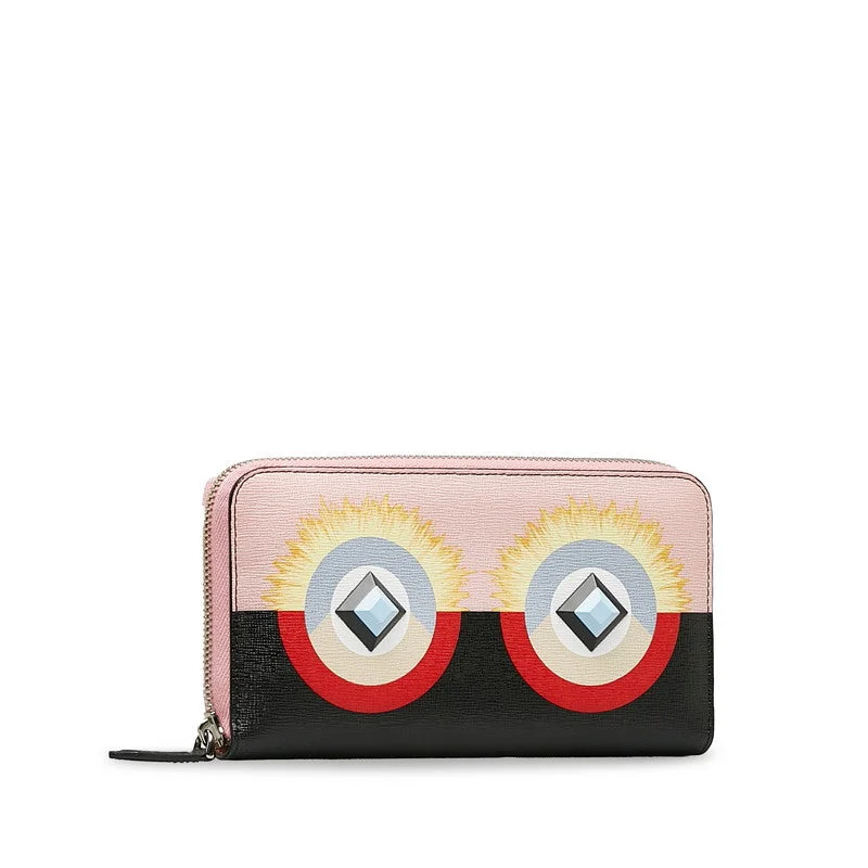 Fendi Monster Continental Wallet Round Fassner Long Wallet 8M0299 Pink Black Leather Ladies Fendi