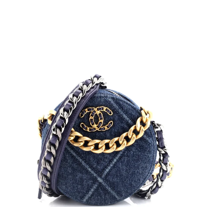 19 Round Clutch with Chain Quilted Denim