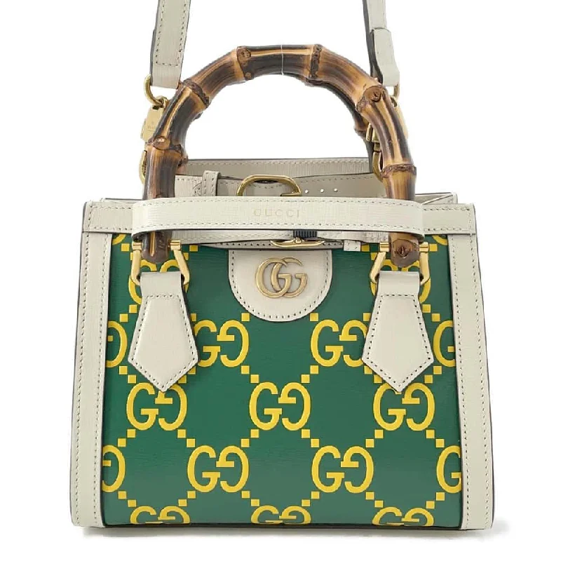 GUCCI Diana 2way Tote Bag White/Green/Yellow 655661 Leather Bamboo Size Mini