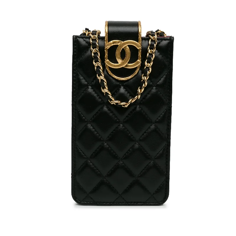 Black Chanel CC Quilted Lambskin Phone Holder with Chain Crossbody Bag