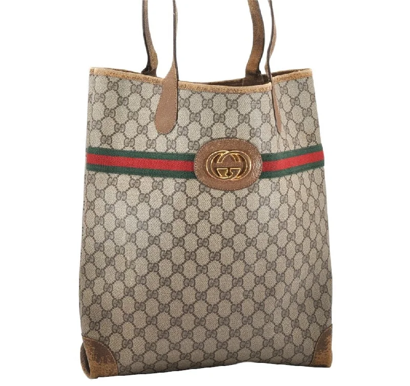 Authentic GUCCI Web Sherry Line Shoulder Tote Bag GG PVC Leather Brown 2313K