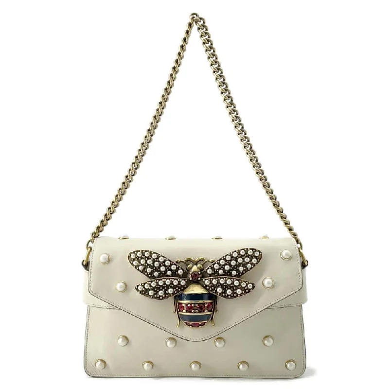 GUCCI Broadway ChainShoulder Bag White 453778 Leather Faux Pearl  Rhinestone