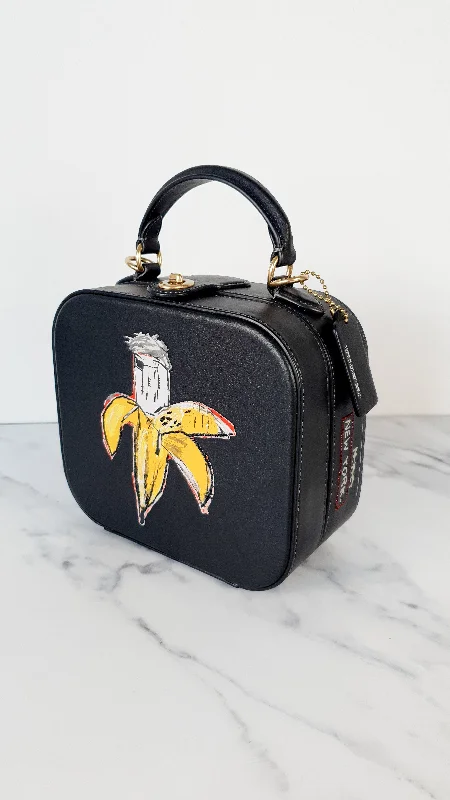 Coach x Jean-Michel Basquiat Square Bag with Banana artwork - Smooth Black Leather Crossbody Bag Handbag Coach 6898