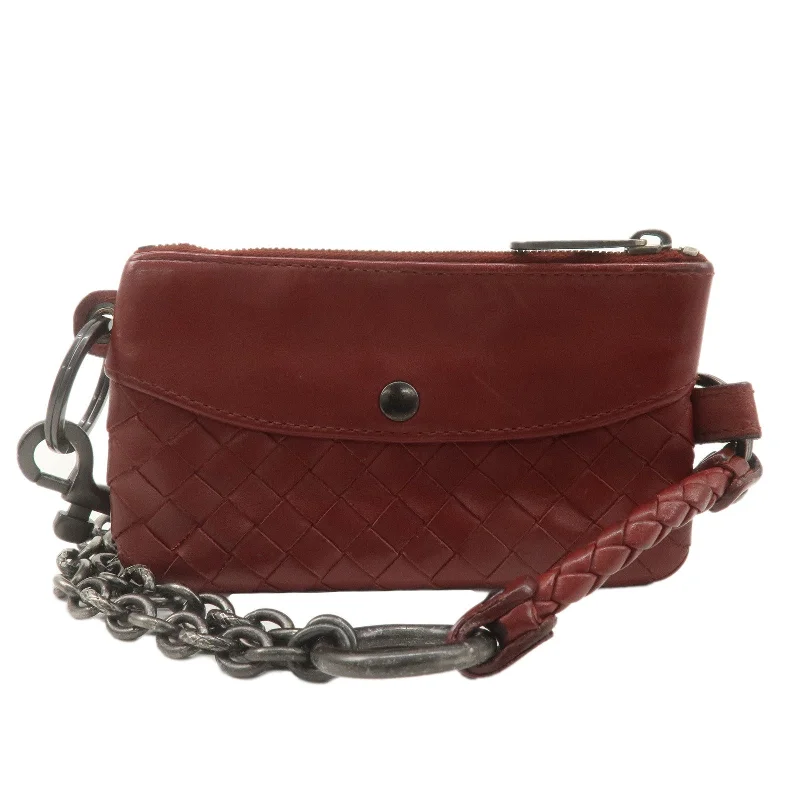 BOTTEGA VENETA Intrecciato Leather Chain Coin Case Pouch Red