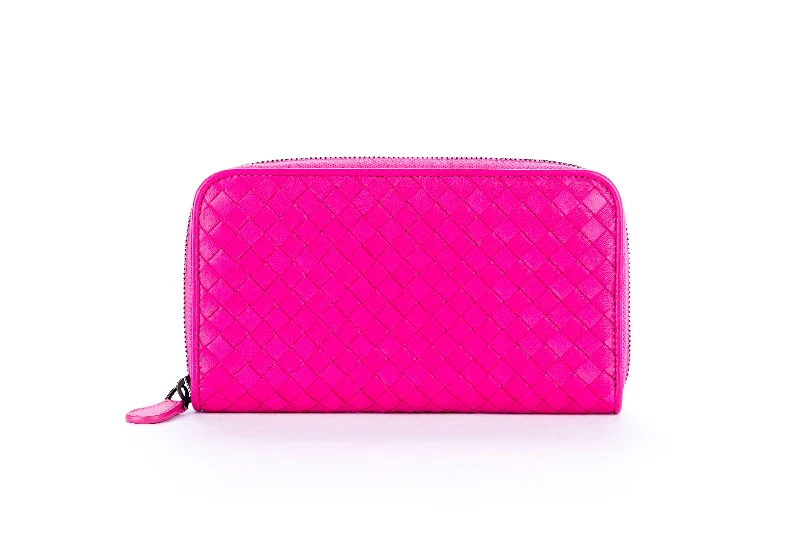 Bottega Veneta Pink Weave Leather Zippy Wallet, no Dust Cover