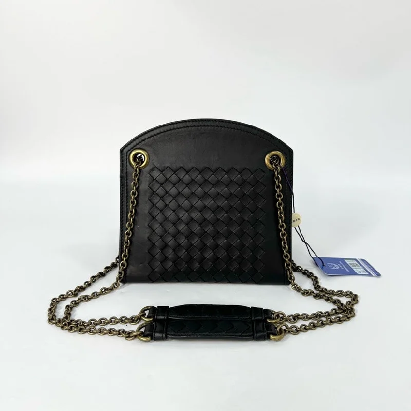 Bottega Veneta Black Woven Leather Chain Shoulder Bag 17cm