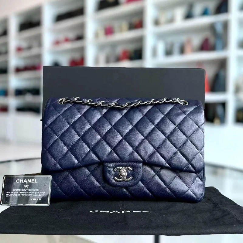 Caviar Jumbo Double Flap Classic Flap Quilted Calfskin Navy Blue SHW No 18