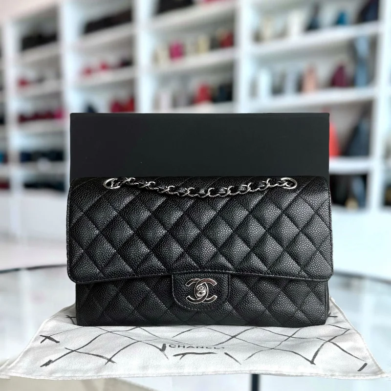 Caviar Double Flap Quilted Calfskin Black SHW No 13