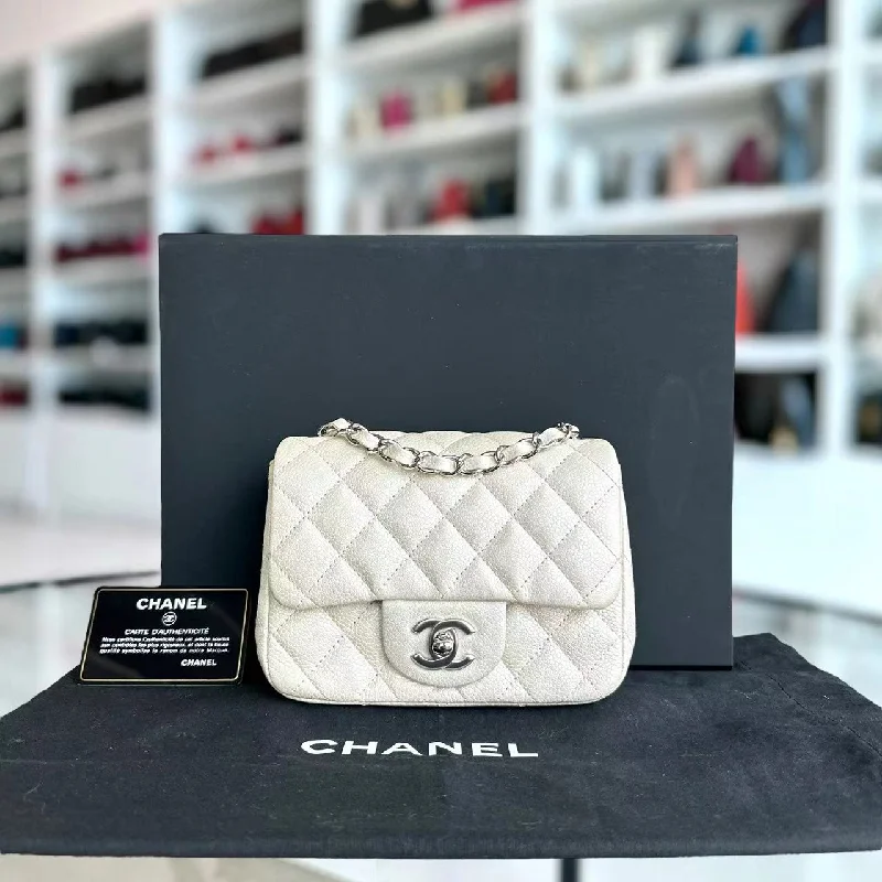 Caviar Mini Square Classic Flap 17CM Quilted Calfskin Pearl White SHW No 20