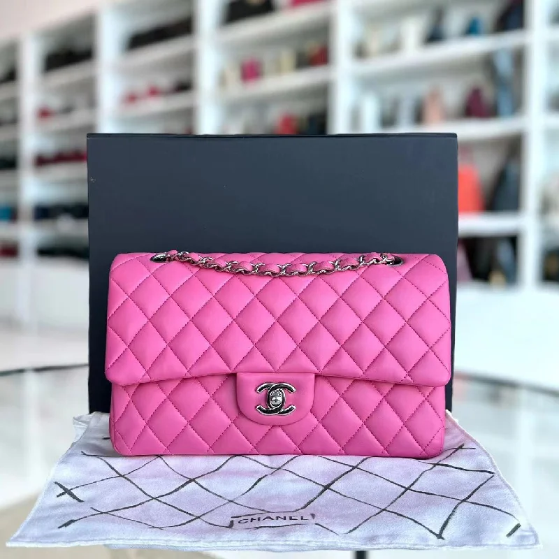 Double Flap 25CM Quilted Lambskin Pink SHW No 27