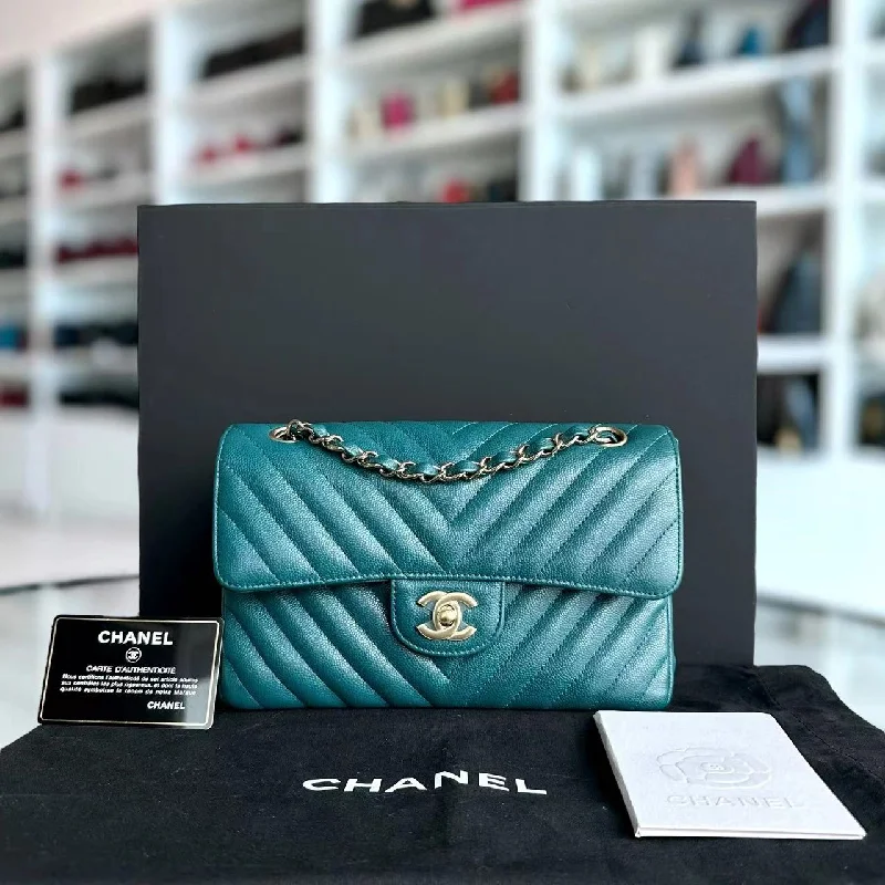 *Full Set Receipt* Caviar Small 23CM Chevron Calfskin Jade Green Blue GHW No 26