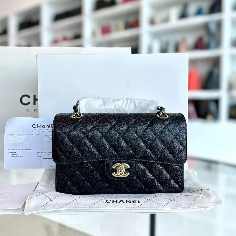 *Unused, Microchip 2022, Receipt Full Set* Caviar Small Double Flap 23CM Quilted Calfskin Black GHW Microchipped