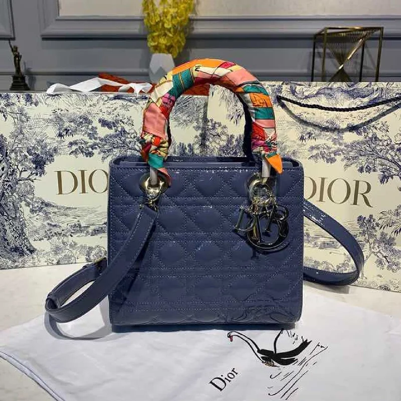 Christian Dior MeChristian Diorum Lady Bag Silver Hardware Deep Blue Patent For Women 9.5in/24cm