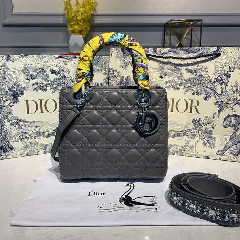 Christian Dior MeChristian Diorum Lady Bag Silver Hardware with Embellished Bag Strap Dark Grey For Women 9.5in/24cm