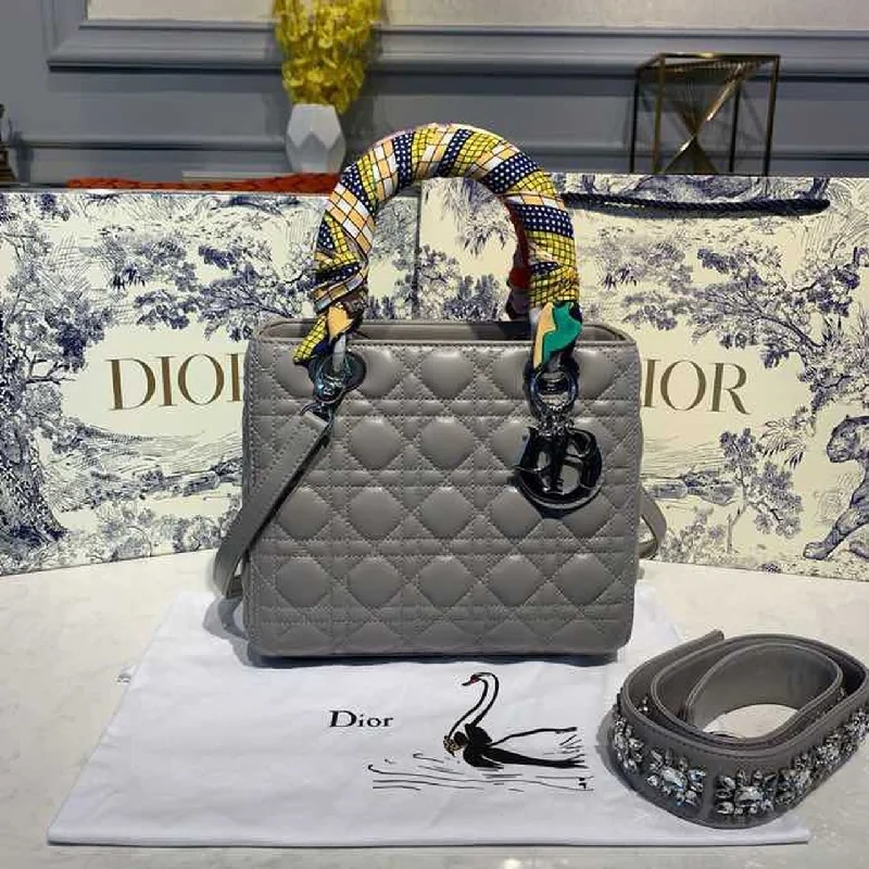 Christian Dior MeChristian Diorum Lady Bag Silver Hardware with Embellished Bag Strap Grey For Women 9.5in/24cm