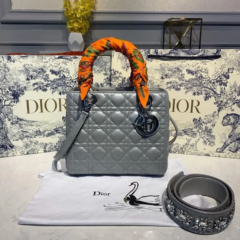 Christian Dior MeChristian Diorum Lady Bag Silver Hardware with Embellished Bag Strap Pearl Grey For Women 9.5in/24cm