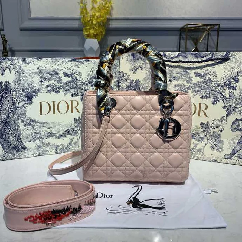 Christian Dior MeChristian Diorum Lady Bag Silver Hardware with Embellished Bag Strap Pink For Women 9.5in/24cm