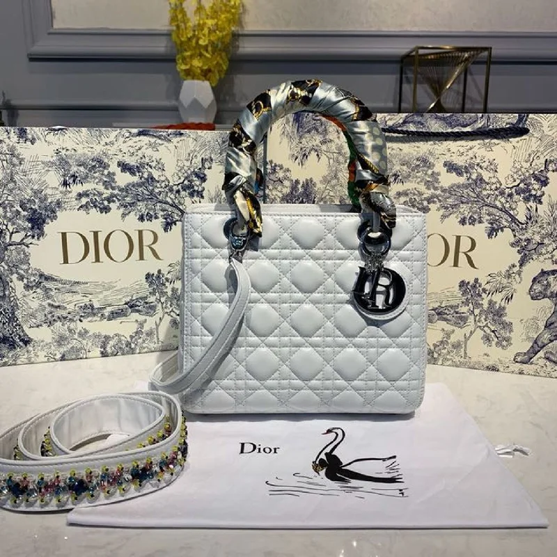 Christian Dior MeChristian Diorum Lady Bag Silver Hardware with Embellished Bag Strap White For Women 9.5in/24cm