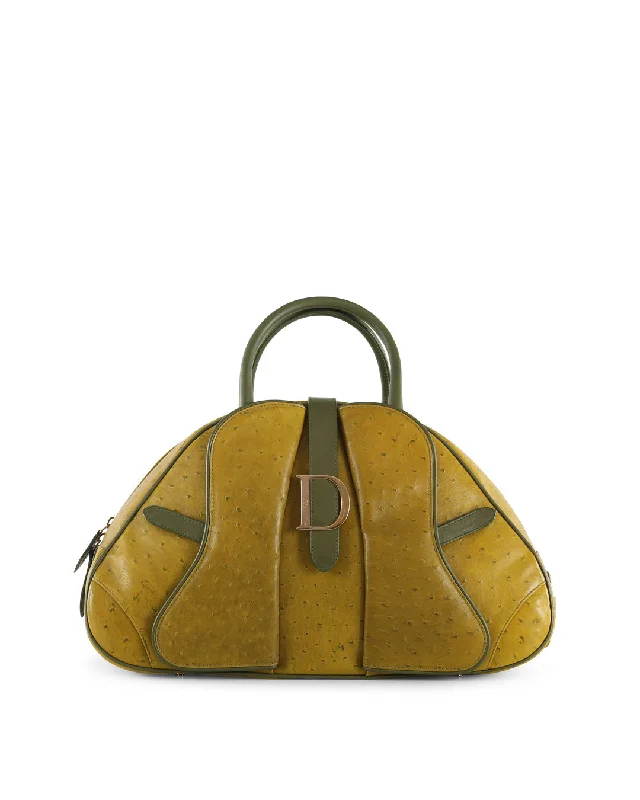 CHRISTIAN DIOR Olive Green Ostrich Leather Medium Saddle Bowler Bag