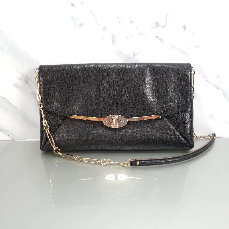 Coach Madison Clutch Shoulder Bag in Black Textured Leather With Gold Tone Chain