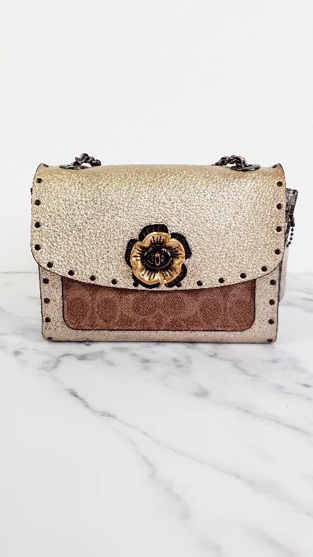 Coach Parker 18 in Signature Canvas With Tea Rose Turnlock, Border Rivets, Snakeskin Detail & Metallic Leather - Shoulder Bag Crossbody Bag Champagne Platinum Beige - Coach 39680