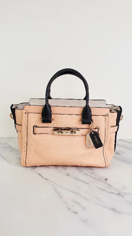 Coach Swagger 27 in Peach Salmon Pink with Colorblock Black Handles - Pebble Leather HandbagCrossbody Bag - Coach 34417